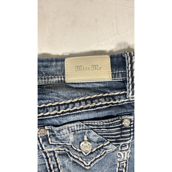 Miss Me Jeans Womens 30 Blue Mid Rise Bootcut Distressed Flap Pockets Rhinestone - Picture 13 of 16